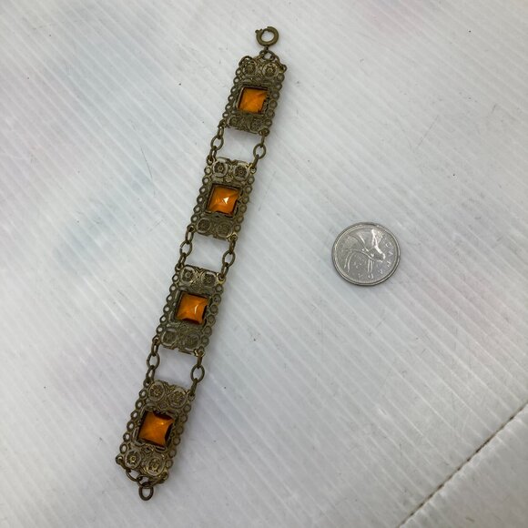 Vtg 1920s MAX NEIGER ? panel topaz glass brass filigree art deco bracelet - Picture 3 of 3